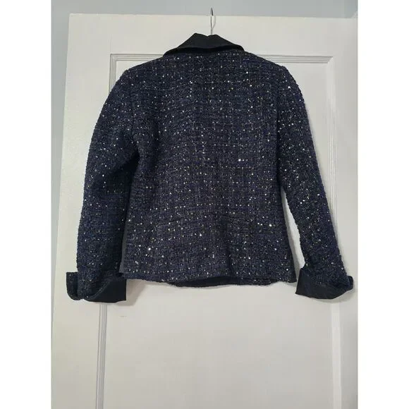 White House Black Market Women Size 0 Navy Tweed Gold Sparkly Moto Jacket - Picture 3 of 5